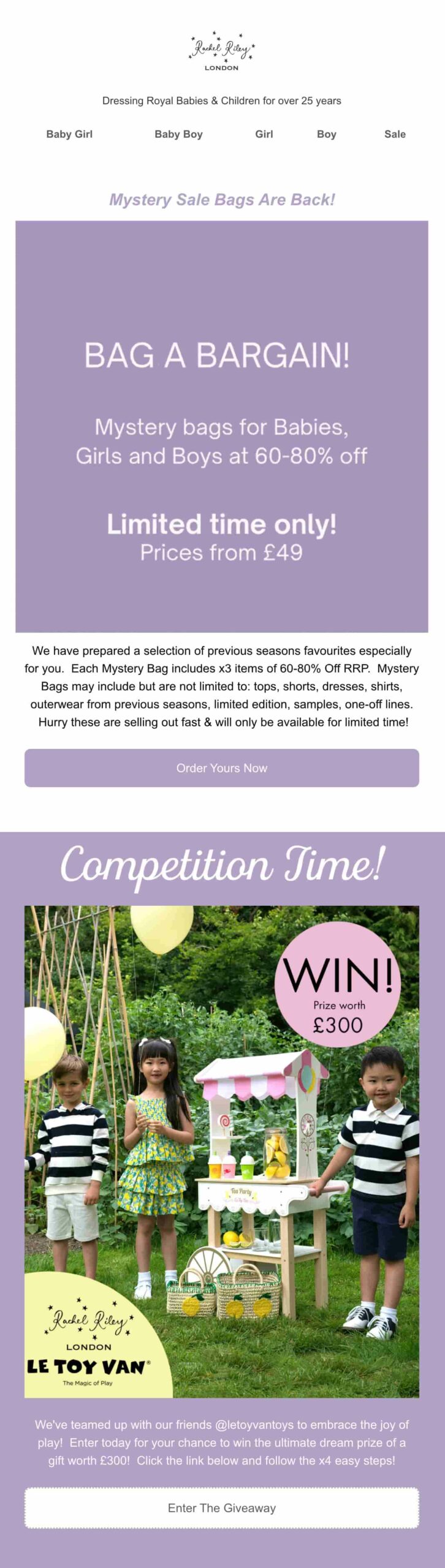 Gamification email marketing: Promo email with a Bag a Bargain! sale on mystery bags for kids, starting at £49, and a Competition Time! section featuring four kids near a yellow lemonade stand, advertising a chance to win £300 and toys.