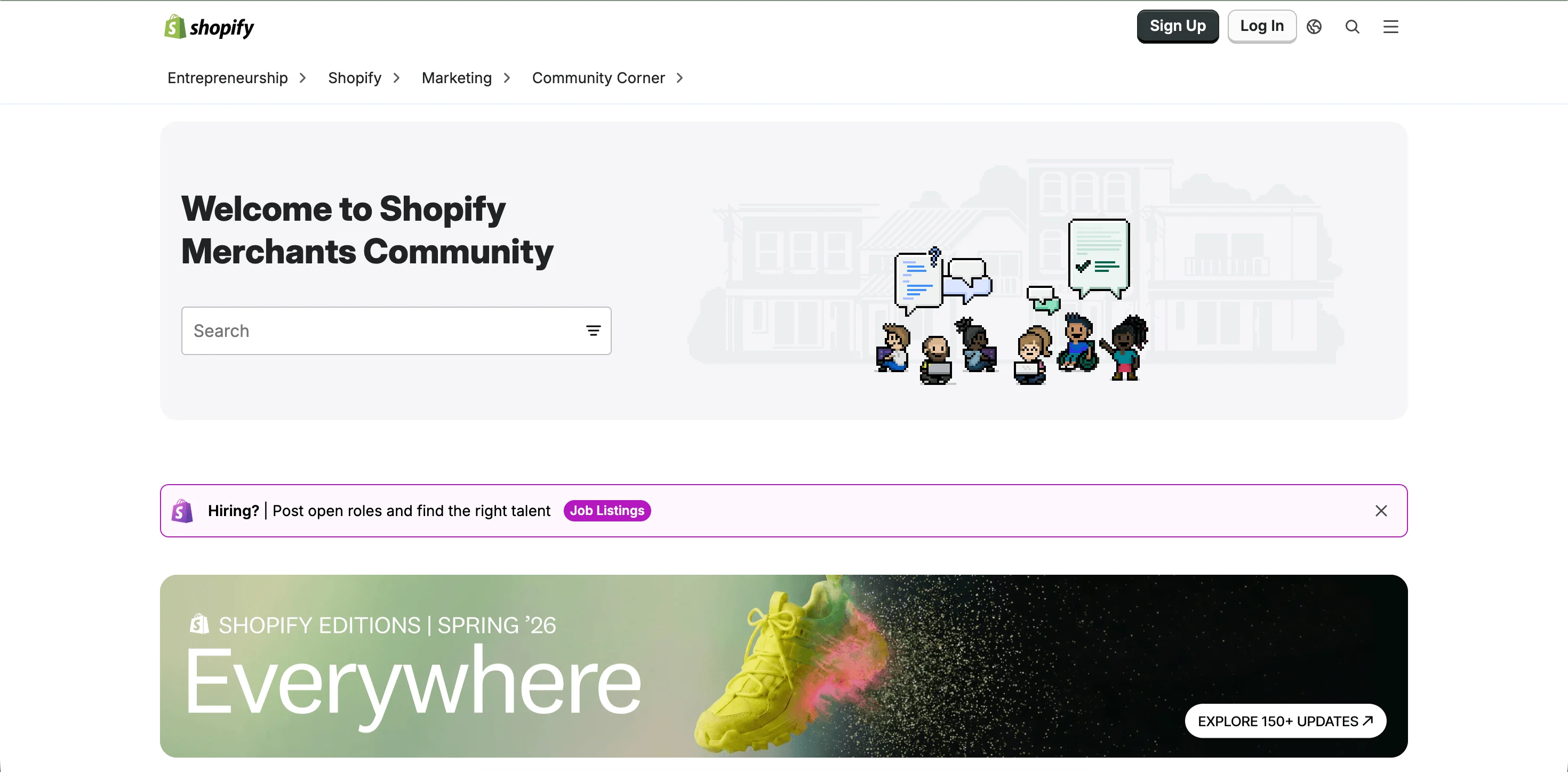 Ecommerce community: Shopify Merchants Community homepage with a search bar, cartoon people icons, a hiring notice, and a banner for Shopify Editions Spring 24 featuring a yellow shoe with colored powder.