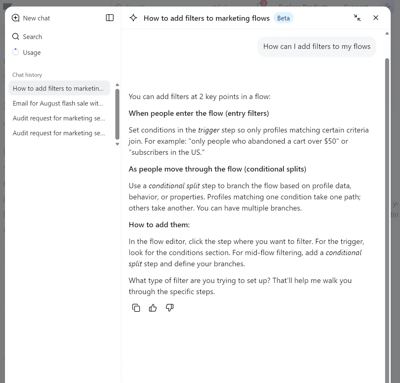 Klaviyo vs Drip: A screenshot of a chat window showing instructions on how to add filters to marketing flows. The steps detail adding entry and conditional split filters, with tips for setting conditions and navigating the flow editor.