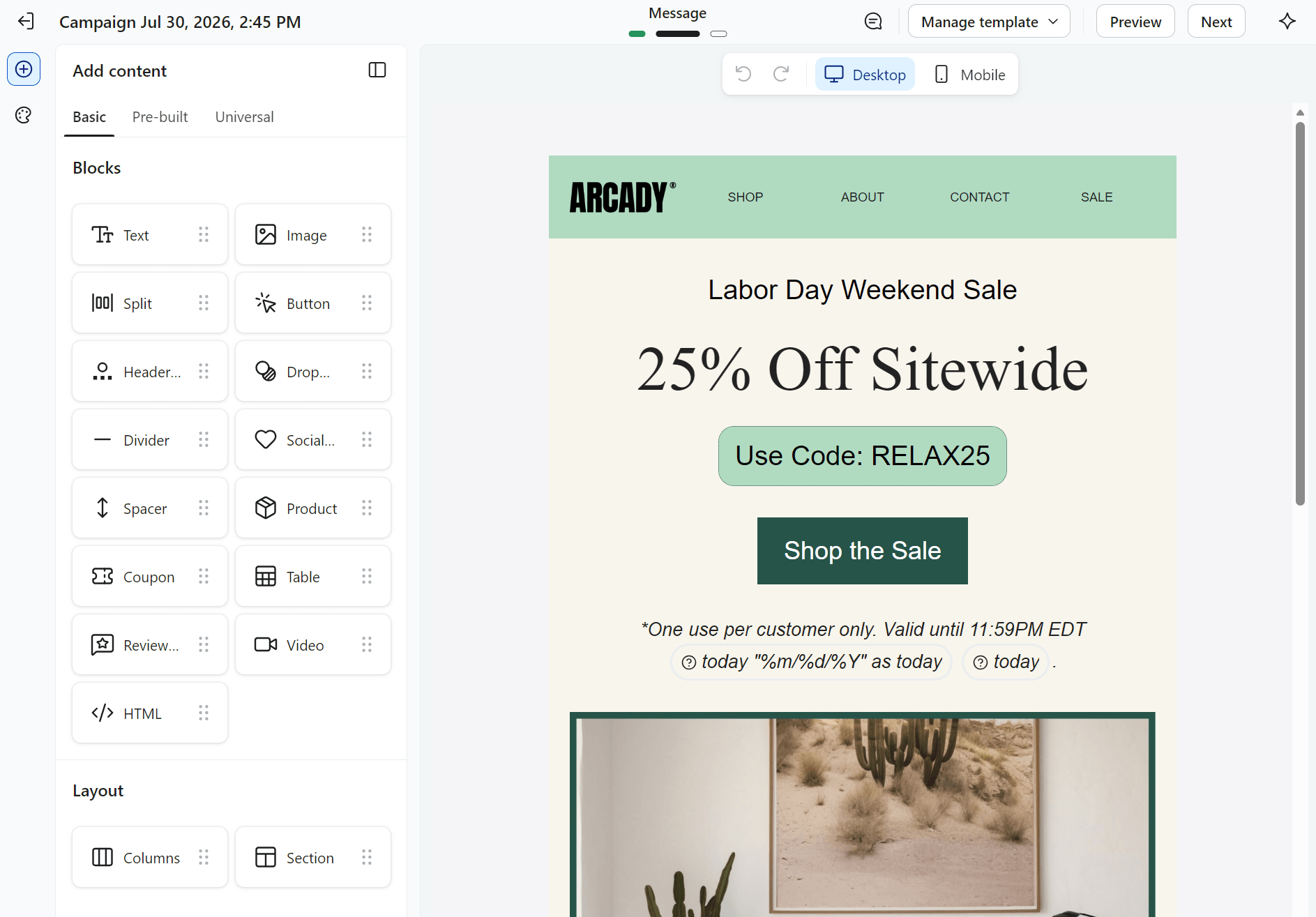 Klaviyo vs Privy: Email design editor showing a Labor Day Weekend Sale email for Arcady with 25% off sitewide using code RELAX25; various layout and content blocks are shown on the left panel.