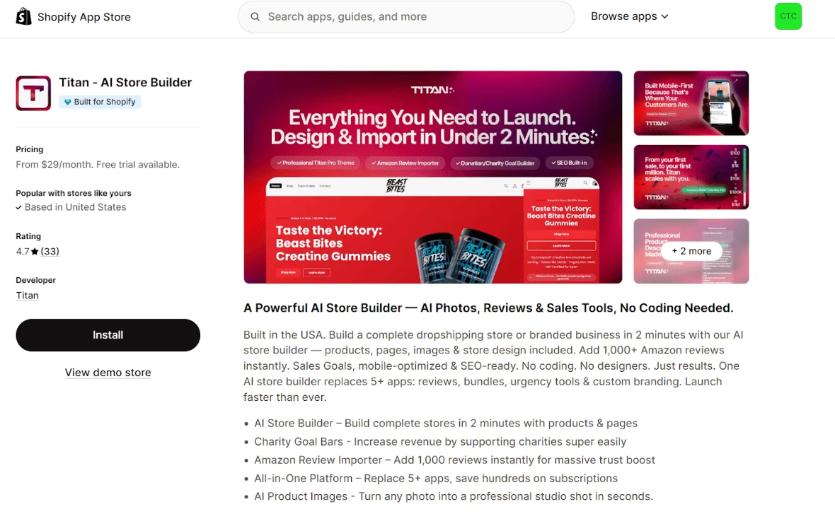 Titan AI Store Builder app page on Shopify, showing descriptions, features, and install options.