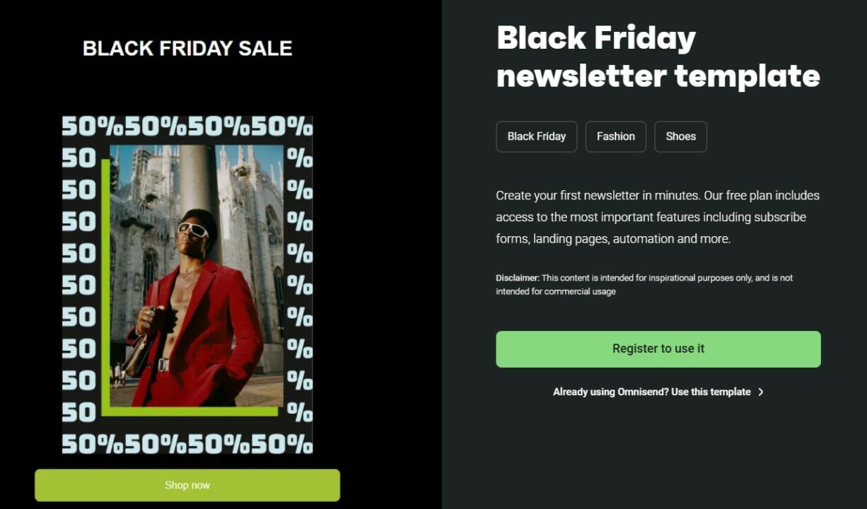 Black Friday email subject lines: Split-screen ad: Left side has BLACK FRIDAY SALE text, a woman in a red blazer, sunglasses, and 50% signs. Right side says Black Friday newsletter template, offers categories, and a green Register to use it button.