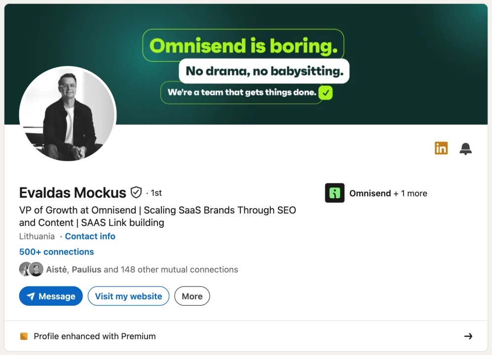 Email marketing experts: Screenshot of a LinkedIn profile for Evaldas Mockus, VP of Growth at Omnisend, including his black-and-white photo, a headline about scaling SaaS brands through SEO and content, and a banner reading “Omnisend is boring. No drama, no babysitting.” Location and connection details are visible.