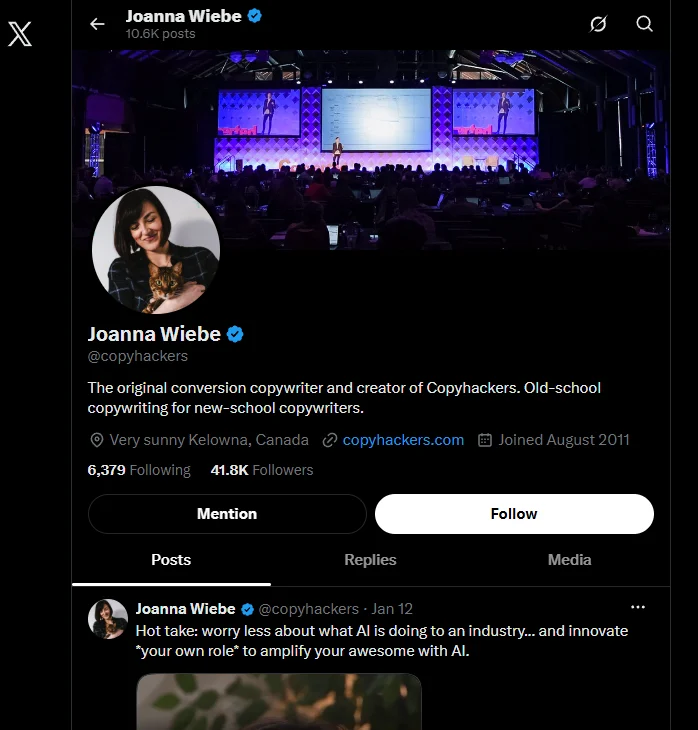 Email marketing experts: Screenshot of Joanna Wiebes Twitter profile showing her header image of a stage presentation, her profile photo, bio, location, website link, and a highlighted tweet about AI and innovation.