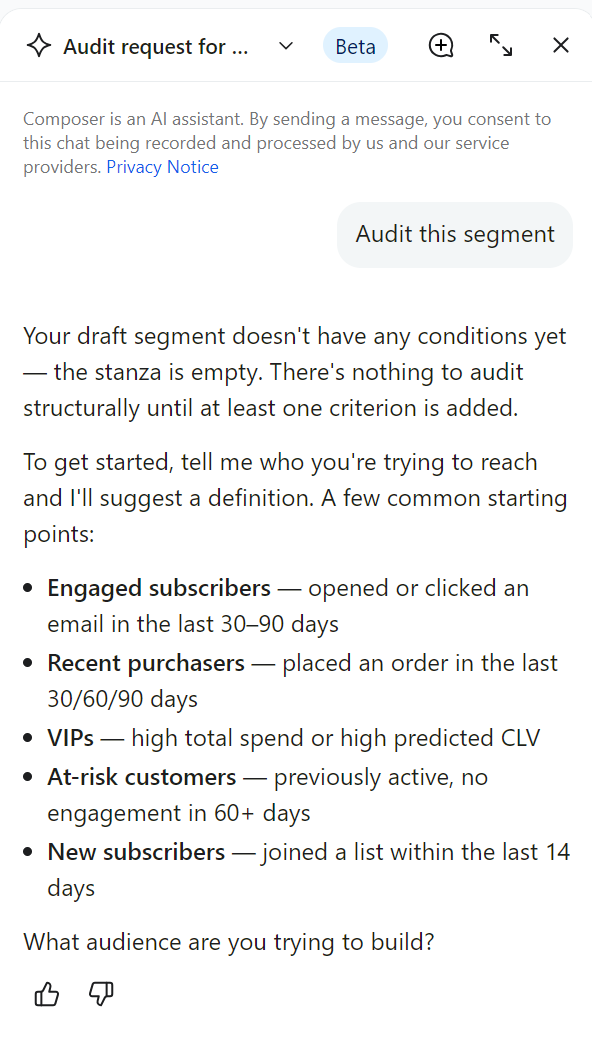 Omnisend vs. Klaviyo: A screenshot  showing a message about segmenting an audience. The segment types listed are: Engaged subscribers, Recent purchasers, VIPs, At-risk customers, and New subscribers.
