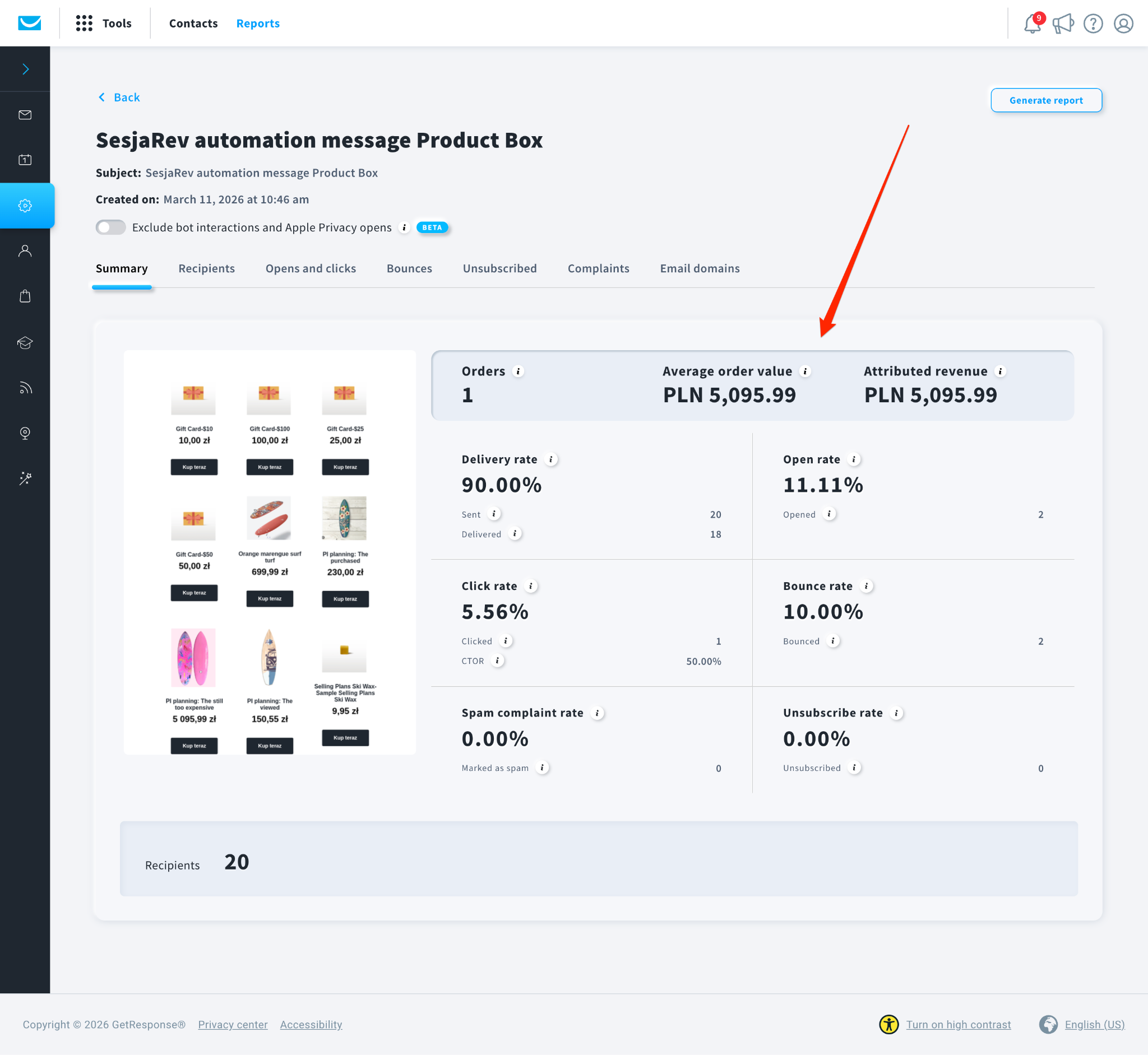 GetResponse's revenue attribution feature