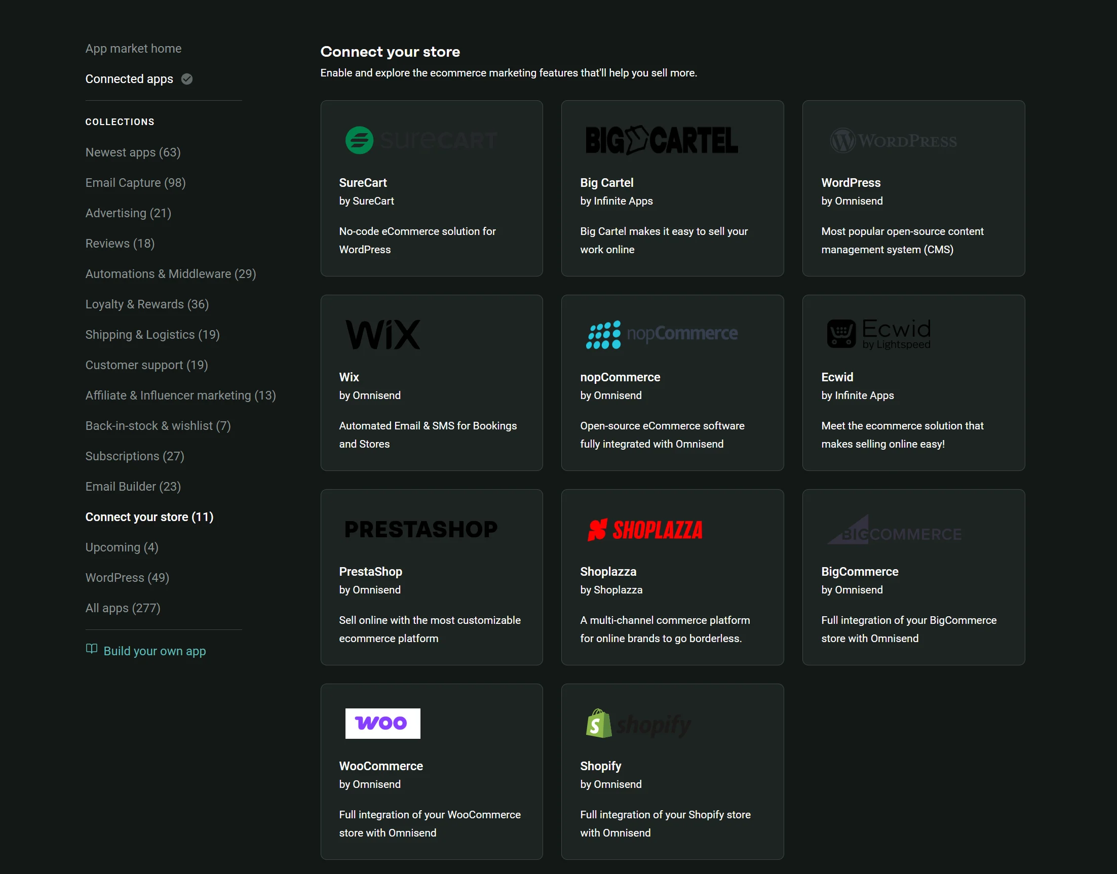 Omnisend's interface displaying various ecommerce app integration options, each with a logo and brief description.