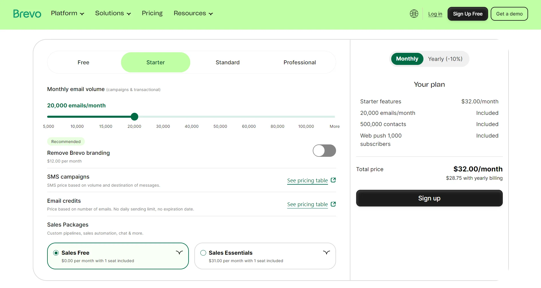 Brevo pricing page showing Starter plan details: $32/month for 20,000 emails, with monthly toggle and feature list displayed.
