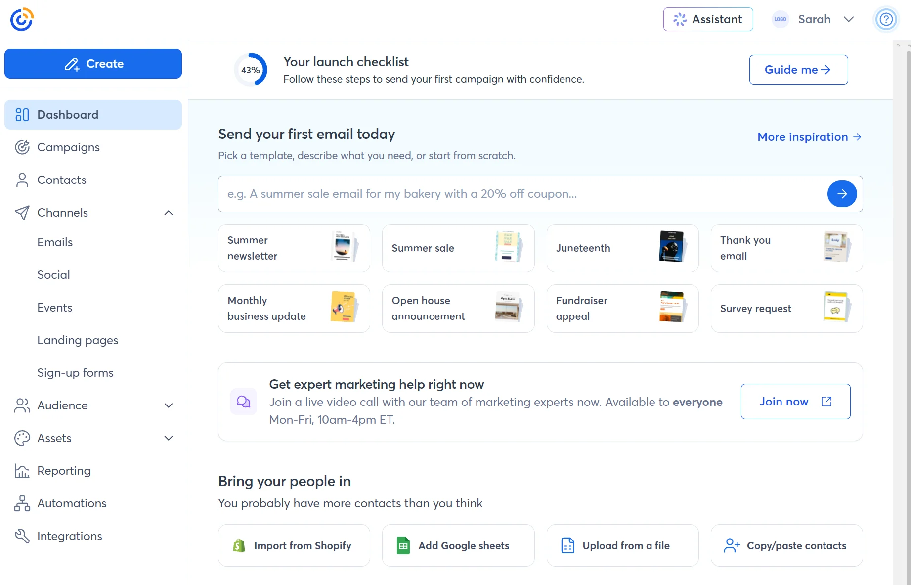 Email marketing dashboard with navigation menu on the left and options for creating and sending a first email campaign.