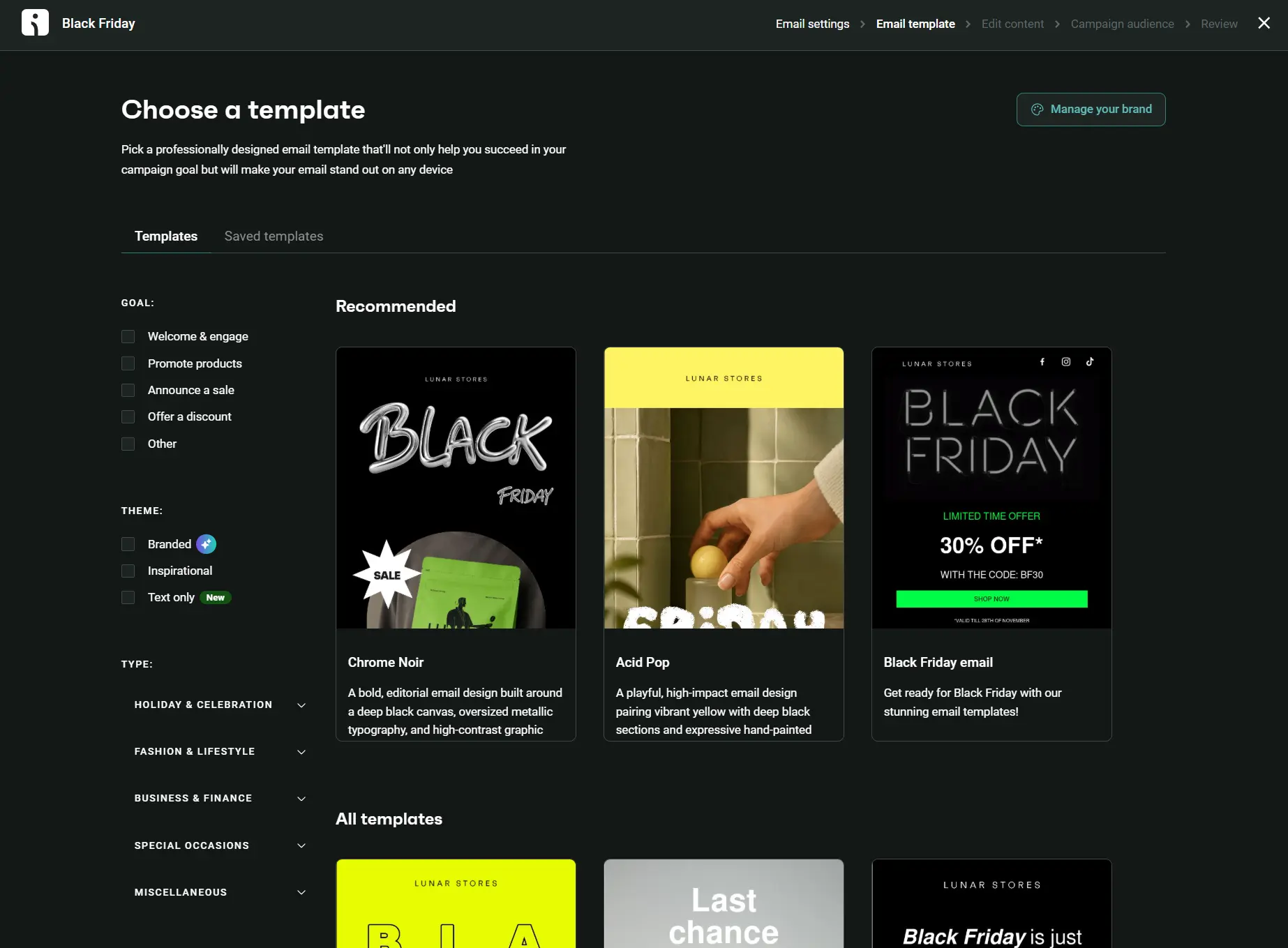 Email template selection page with recommended designs, categories on the left, and previews in the center.