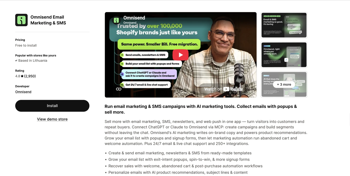 Man in glasses sits at desk with microphone; screen shows Omnisend email marketing ad and play button overlay.