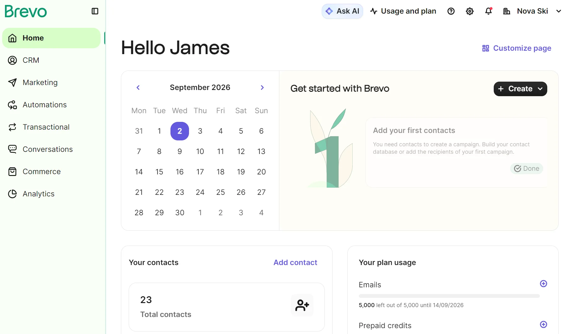 Brevo dashboard shows a calendar, usage stats, contact list, and a panel to add first contacts.