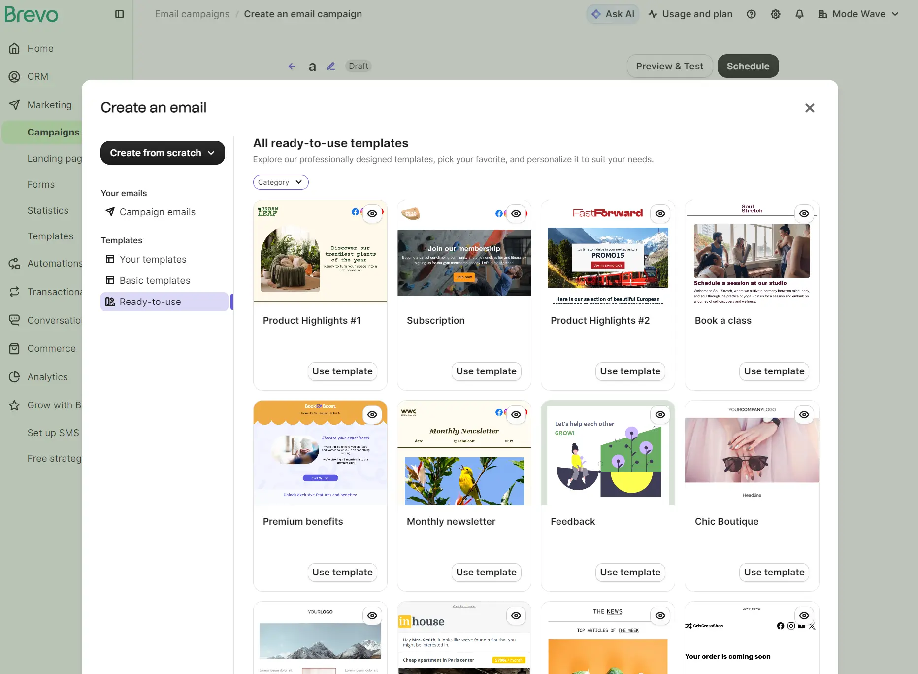 A selection of ready-to-use email templates is displayed on the Brevo campaign creation interface.
