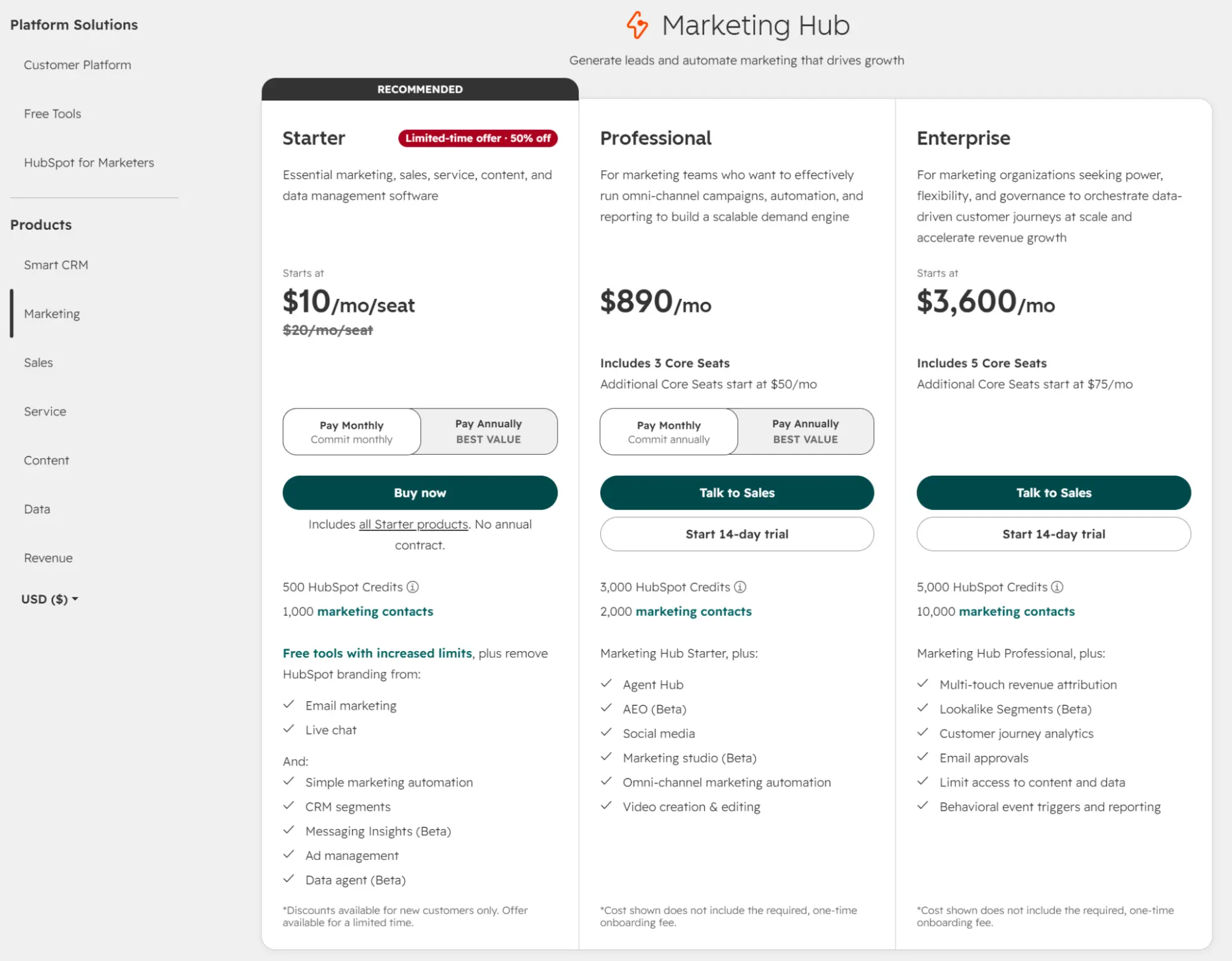 HubSpot pricing cards for started, professional, and enterprise plans.
