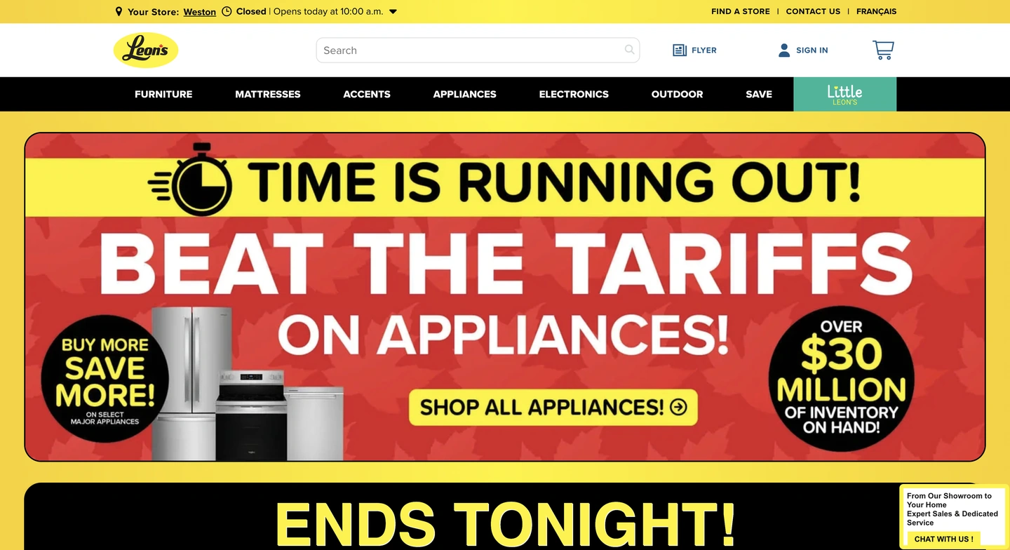 Home page showing a flash sale on appliances due to tariffs, with large bold text and images of home appliances.