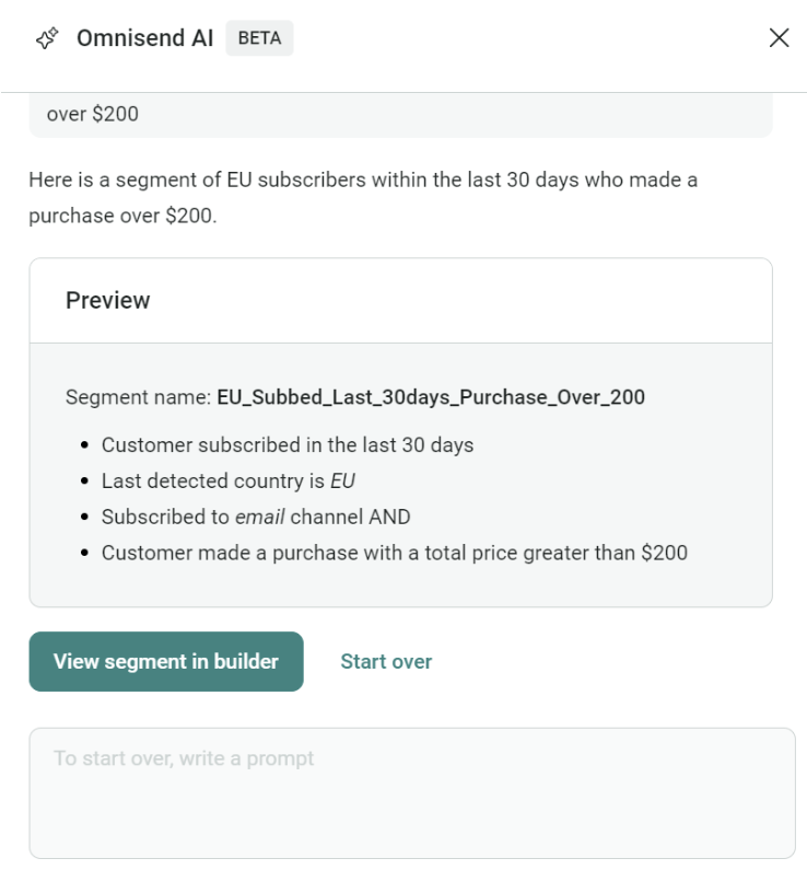 A preview of an EU customer segment with recent purchases over $200 in an Omnisend AI tool.