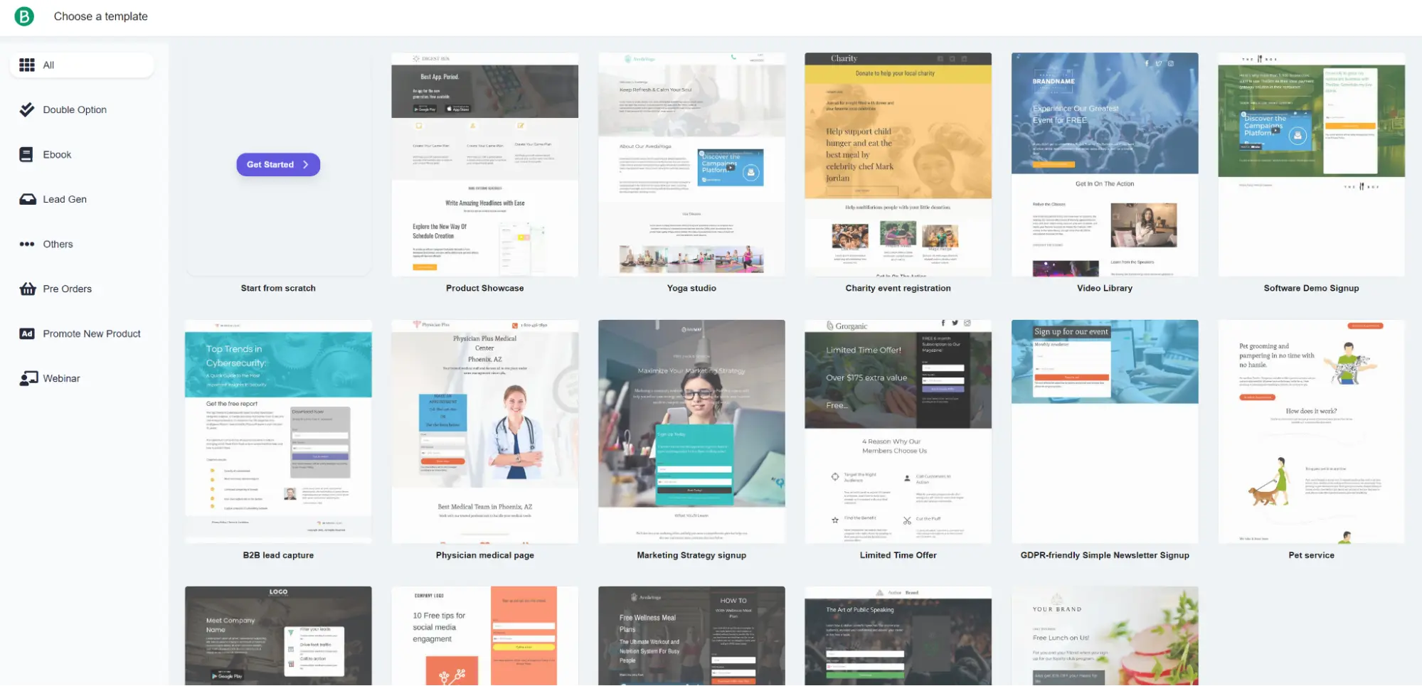 Grid view of multiple website template thumbnails displayed in a web interface for selecting a design.