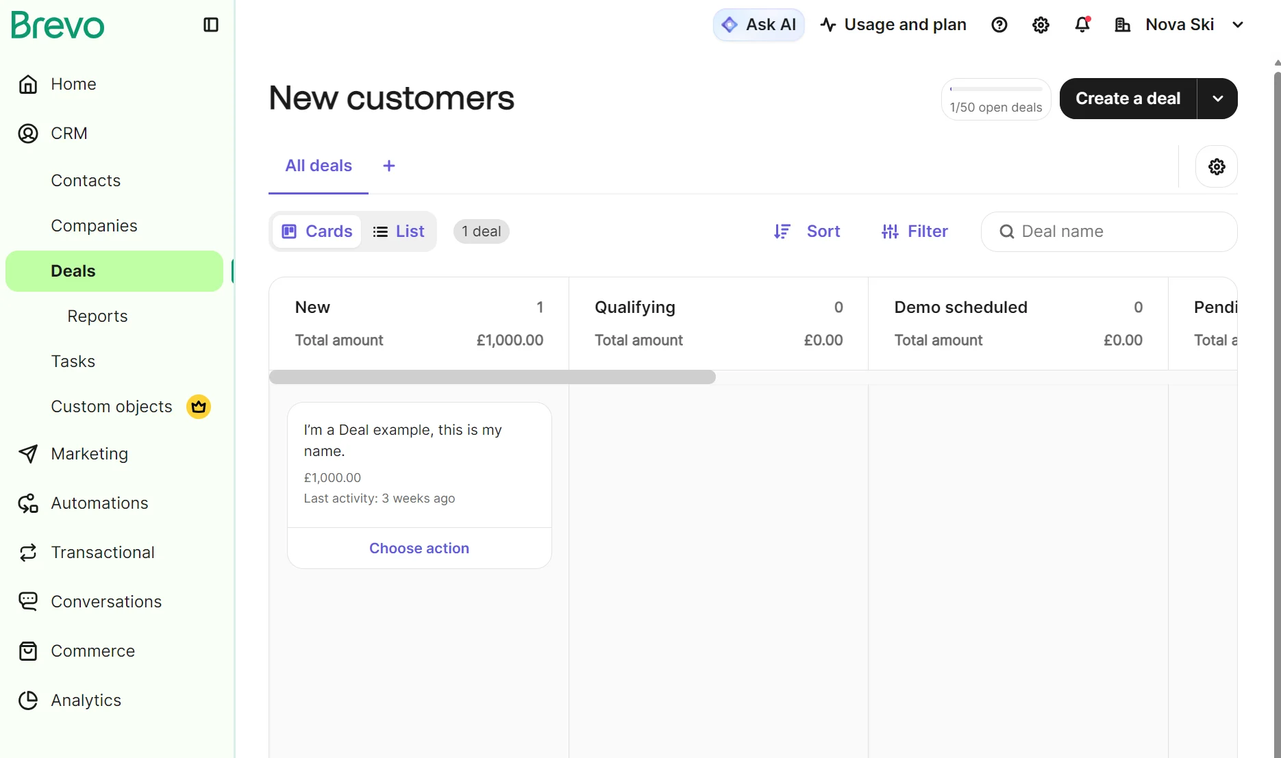 Brevo dashboard showing the New customers deal pipeline with one new deal listed.