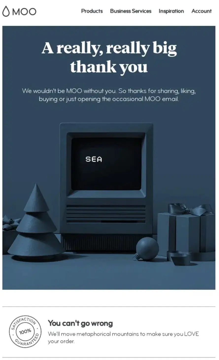 A thank you email with vintage computer displaying the word SEA, surrounded by abstract geometric shapes and a Christmas tree.