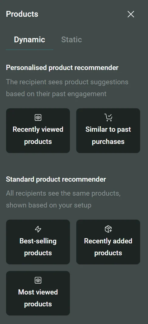 Menu showing dynamic product recommendations: recently viewed, similar to past, best-selling, recently added, most viewed.