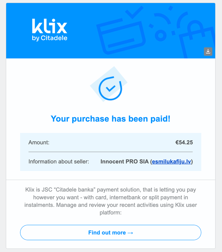 Payment confirmation showing €54.25 paid to Innocent PRO SIA via Klix by Citadele, with seller contact and info link.