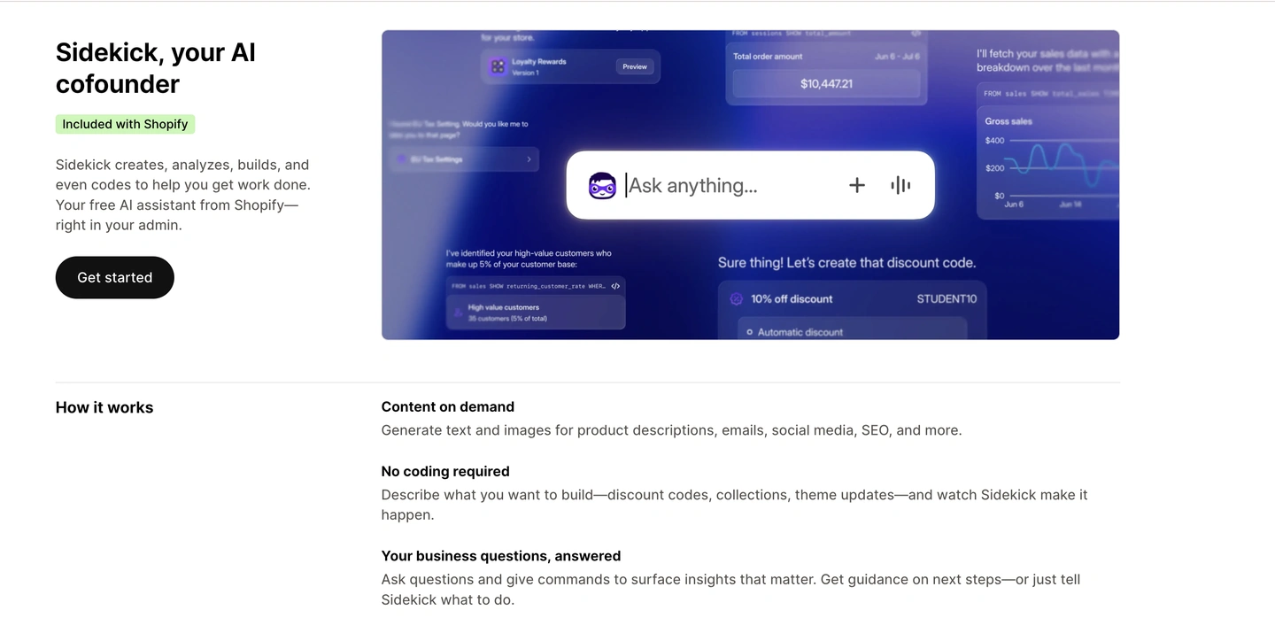 Sidekick, an AI assistant for Shopify, with a Get started button and feature descriptions.