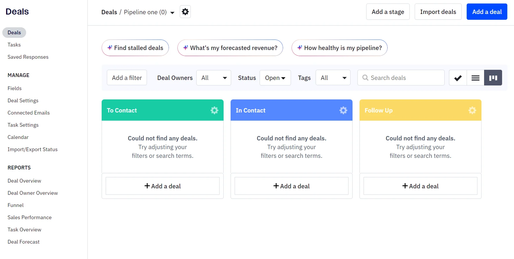 CRM dashboard showing empty To Contact, In Contact, and Follow Up deal columns, with options to add deals or filters.
