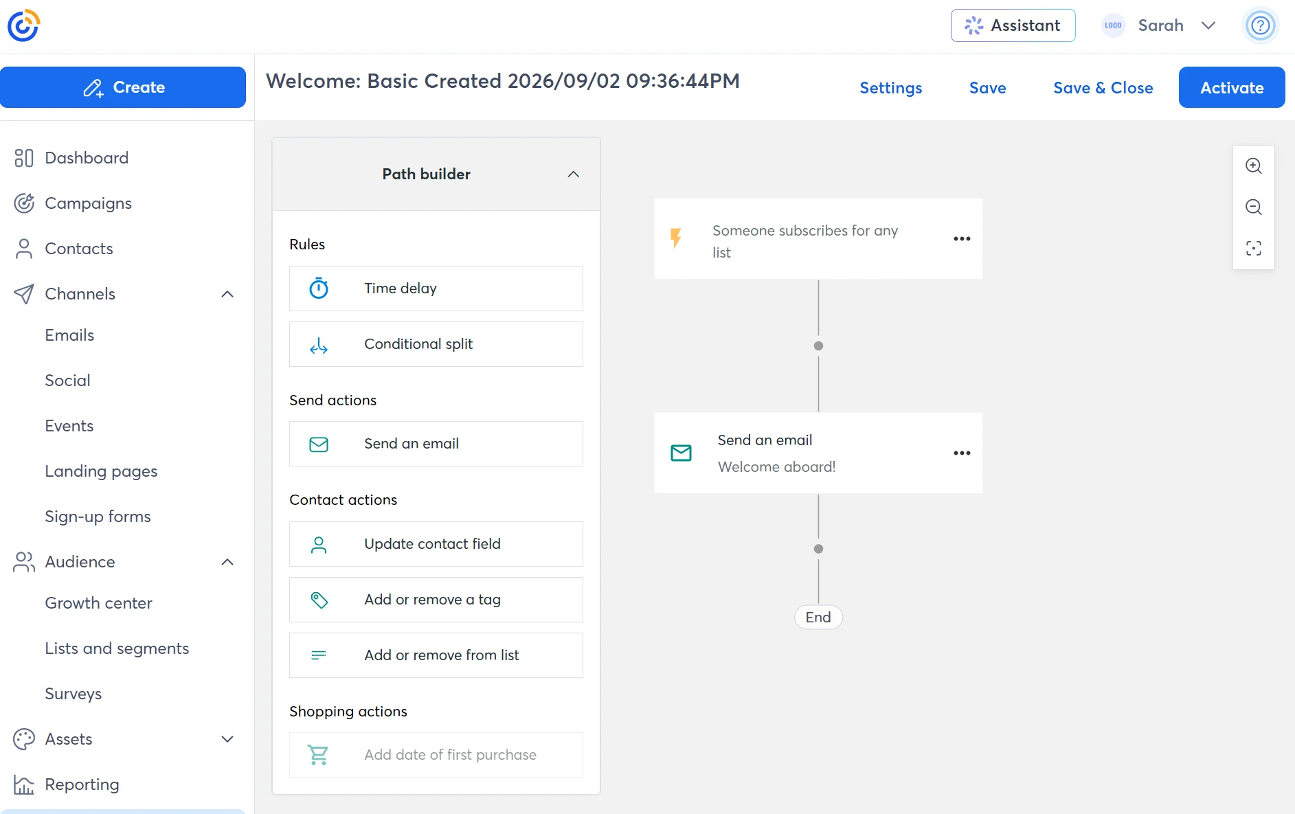 A path builder interface shows an automated email workflow triggered by a new subscription to any list.