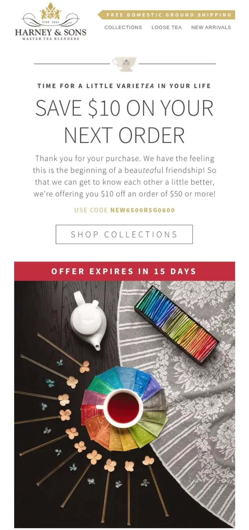 Flat lay of a teapot, teacup, cookies, and painted fan on a black background, with a $10 discount offer for Harney & Sons.