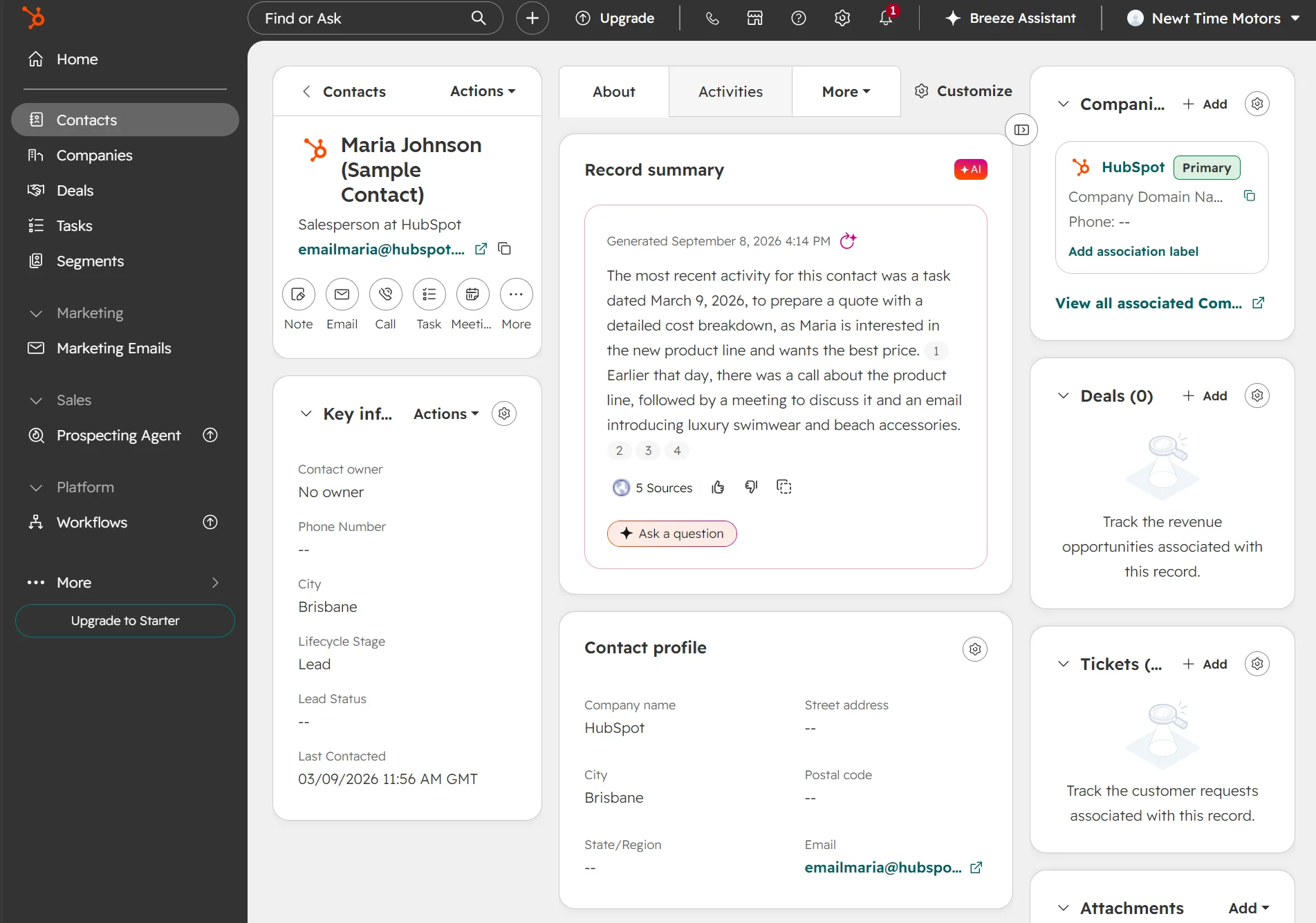 HubSpot CRM dashboard showing a contacts details, activity timeline, and related service tickets and opportunities.