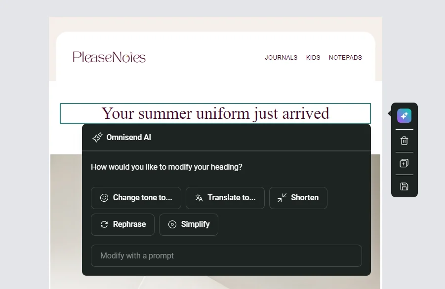 A heading reads Your summer uniform just arrived with an Omnisend AI text editing popup below it.