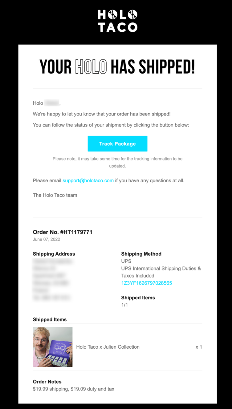 A Holo Taco shipping confirmation email showing order details, tracking button, and product information for one item.