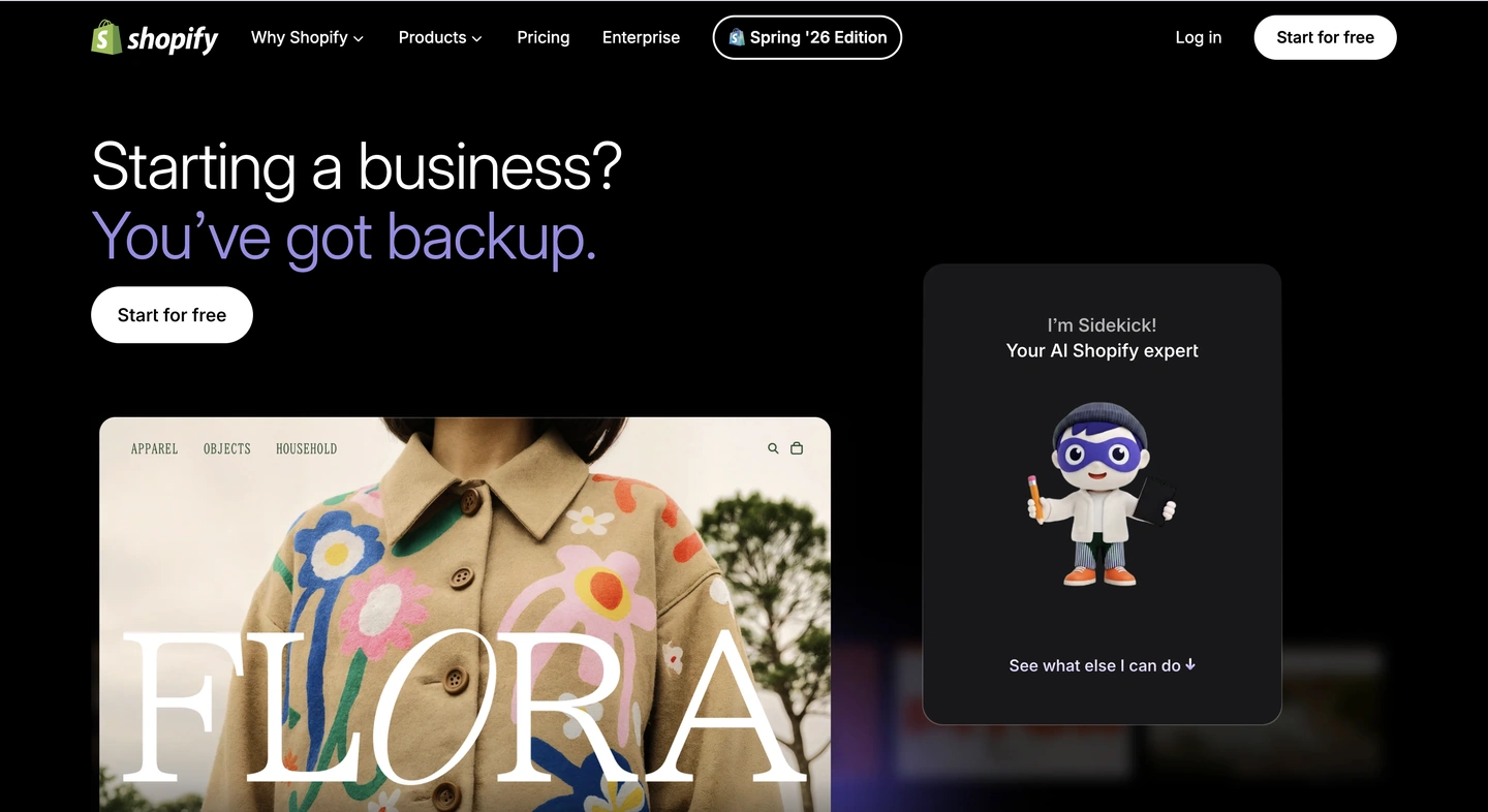 Shopify homepage with a Starting a business? message, a woman in a floral coat, and a Sidekick AI assistant graphic.