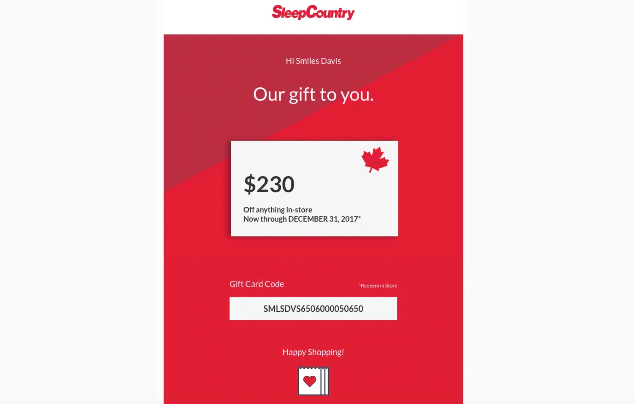 A $230 Sleep Country gift card with a code, valid for in-store use until December 31, 2017, on a red background.