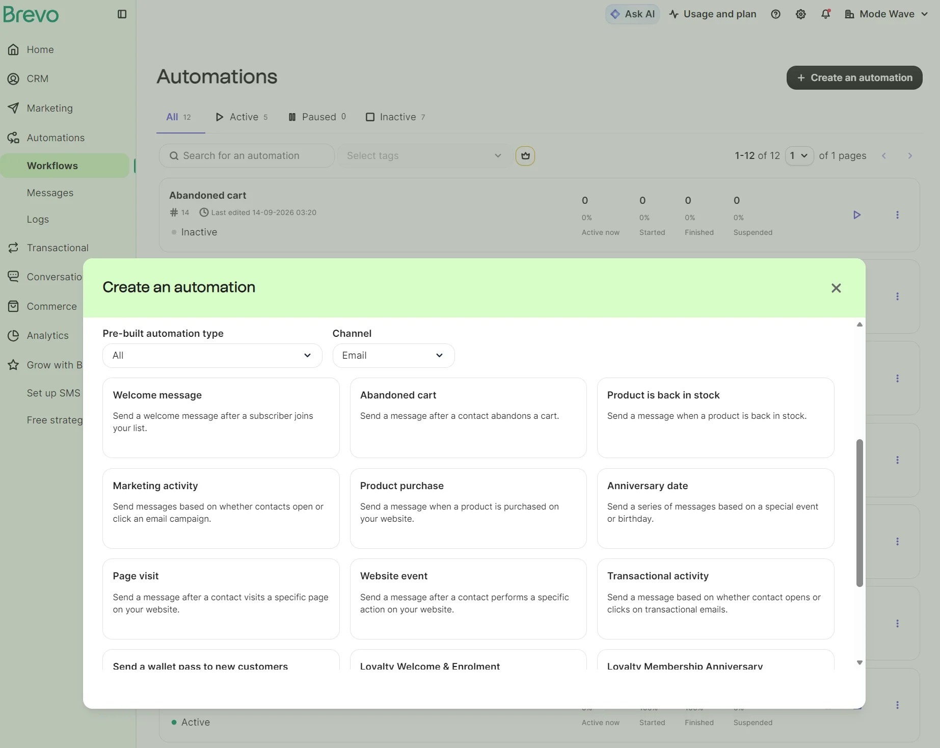 Set up automated workflows like welcome or cart emails by choosing a template and channel, then customize as needed.