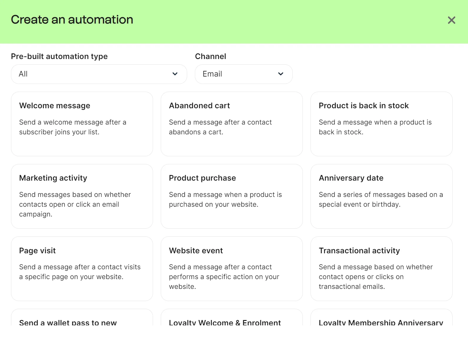 Pre-built automation types including welcome messages, abandoned carts, and more.