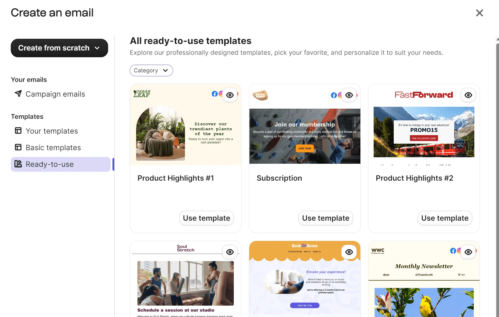 Email platform interface displaying ready-to-use email templates, including options for product highlights and subscriptions.