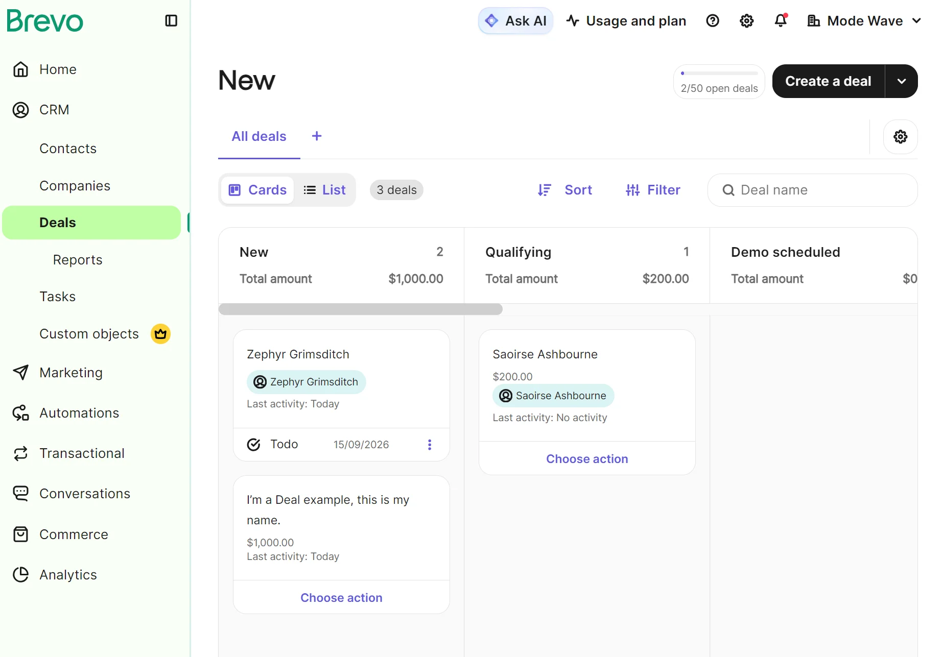Brevo Deals page shows new deals with contact info, deal value, status, and options to add activities.