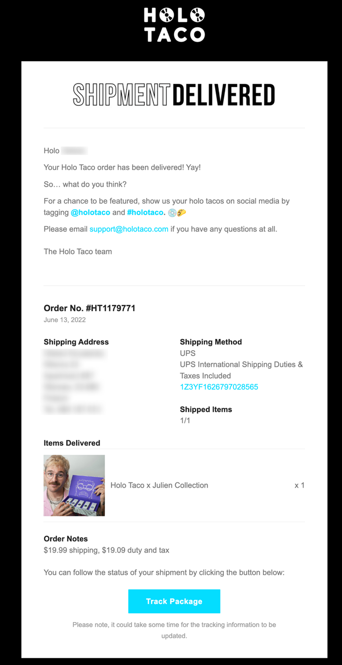 Holo Taco order confirmation email showing shipping details, items delivered, and a Track Package button.