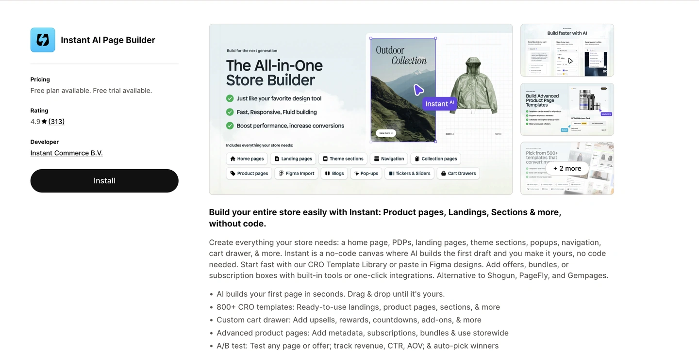 Instant AI Page Builder page showcasing features, templates, and screenshots for building online stores without coding.