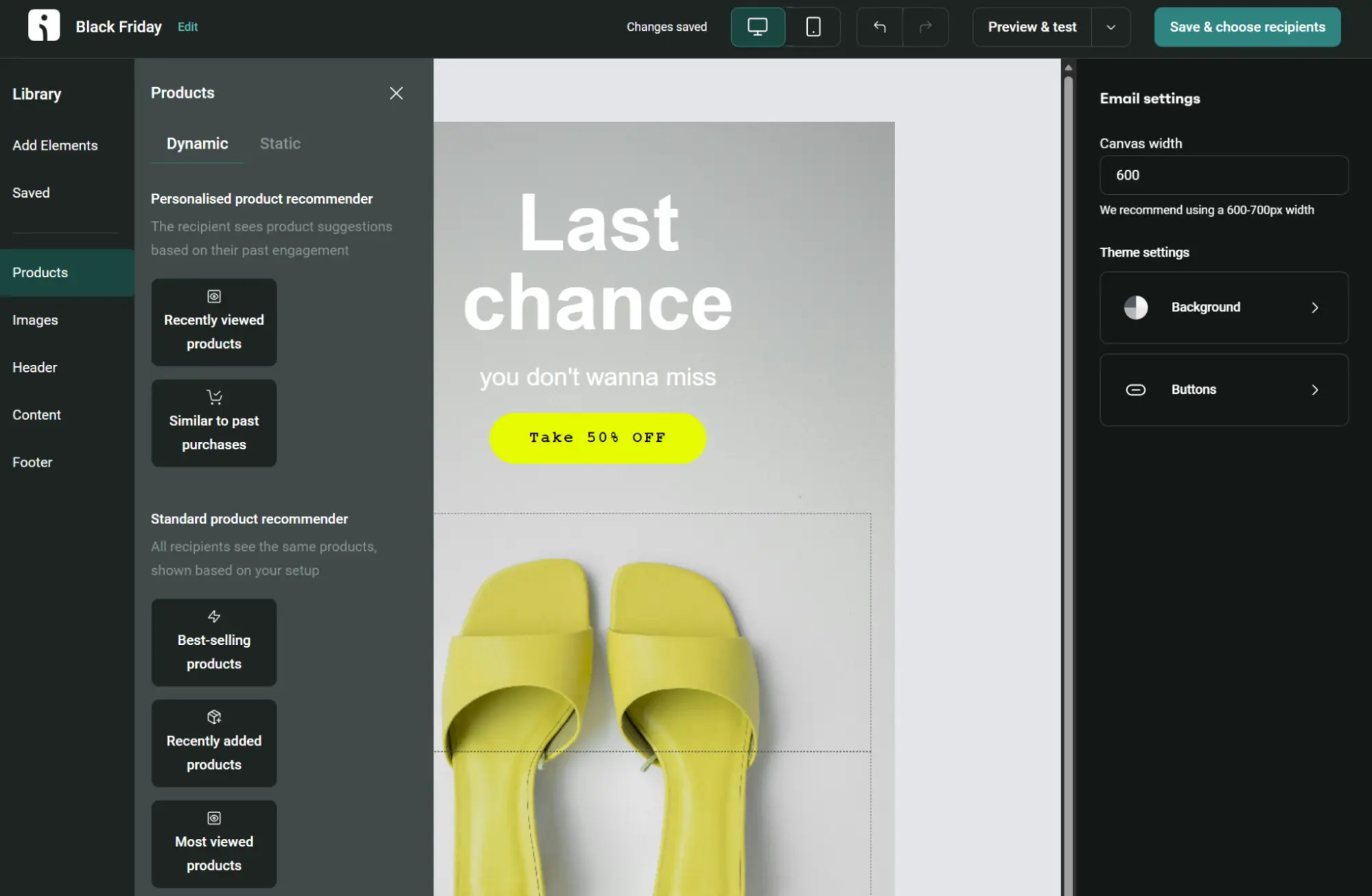 An email builder interface shows personalized product recommendation options.