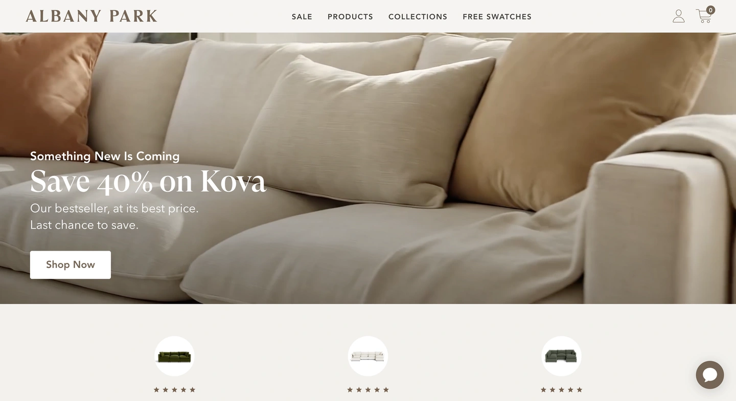 Neutral-toned sofa with text overlay advertising 40% off on Kova, with navigation and shop now button visible.