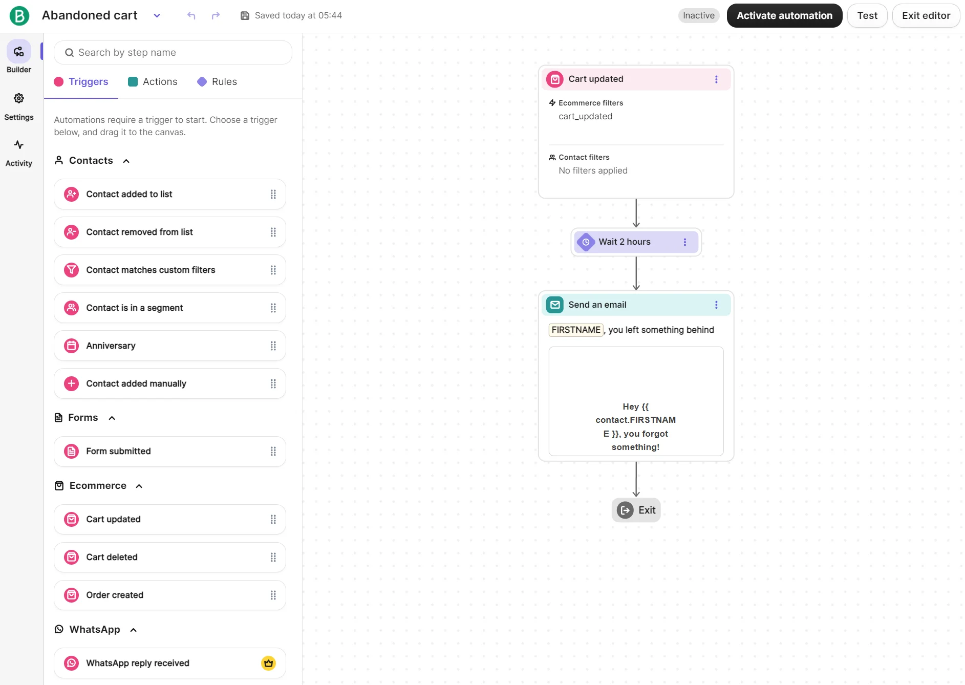 Workflow automation for abandoned cart: triggers on cart update, waits 2 hours, then sends reminder email to user.