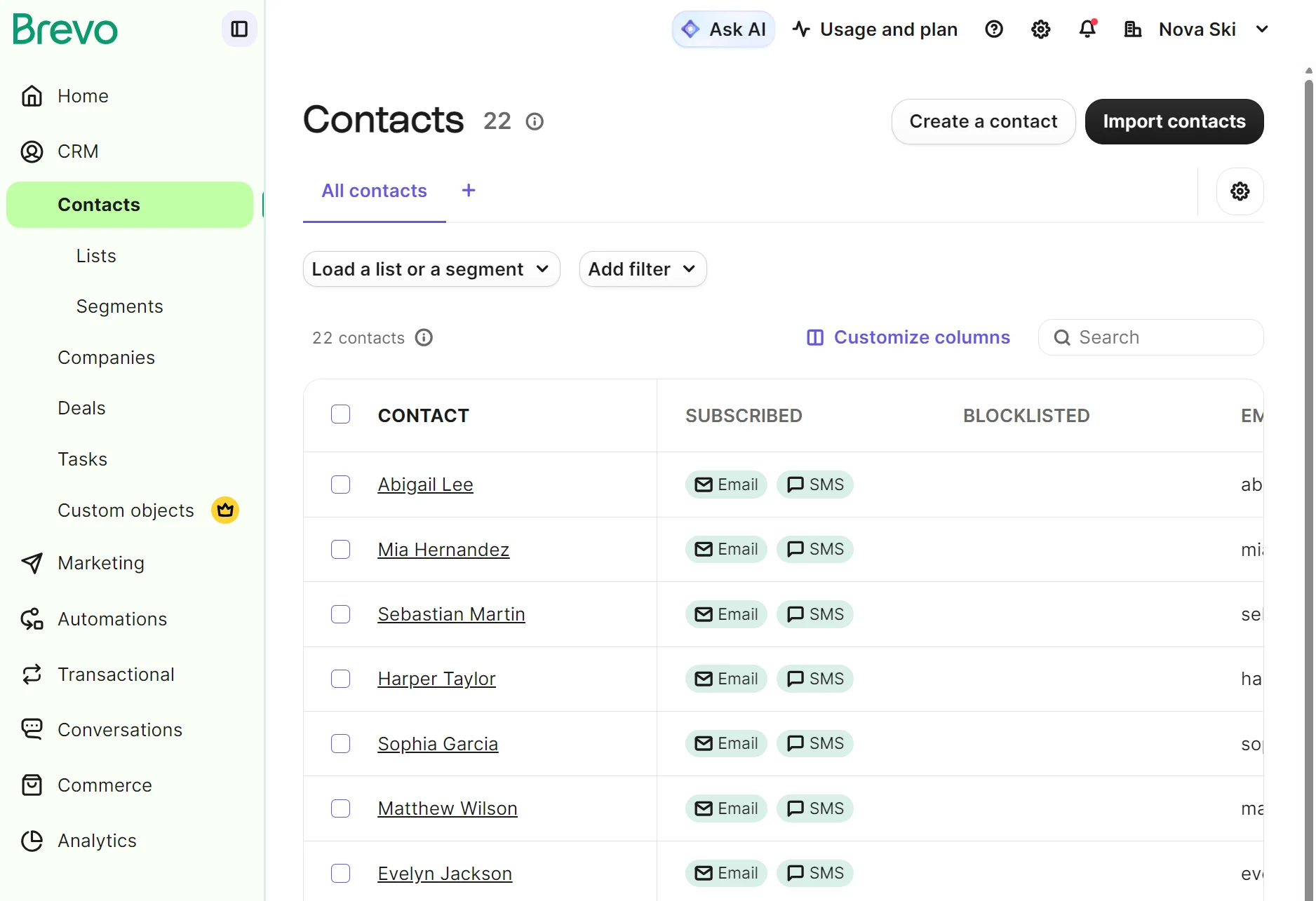 A contact list is shown in the Brevo app, displaying names, subscription status, and options to import or create contacts.