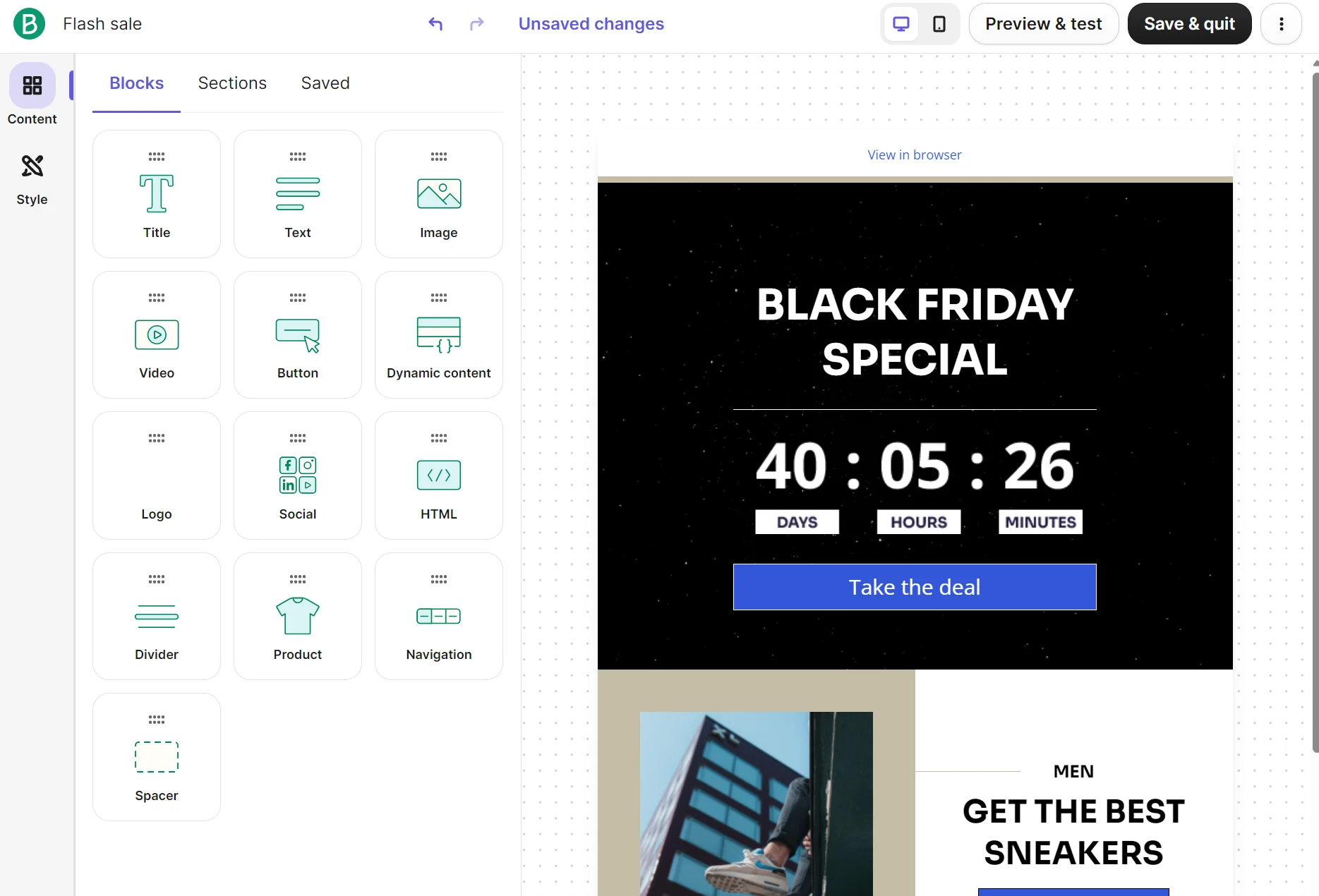 Email editor interface showing a Black Friday countdown timer and content block options on the left sidebar.