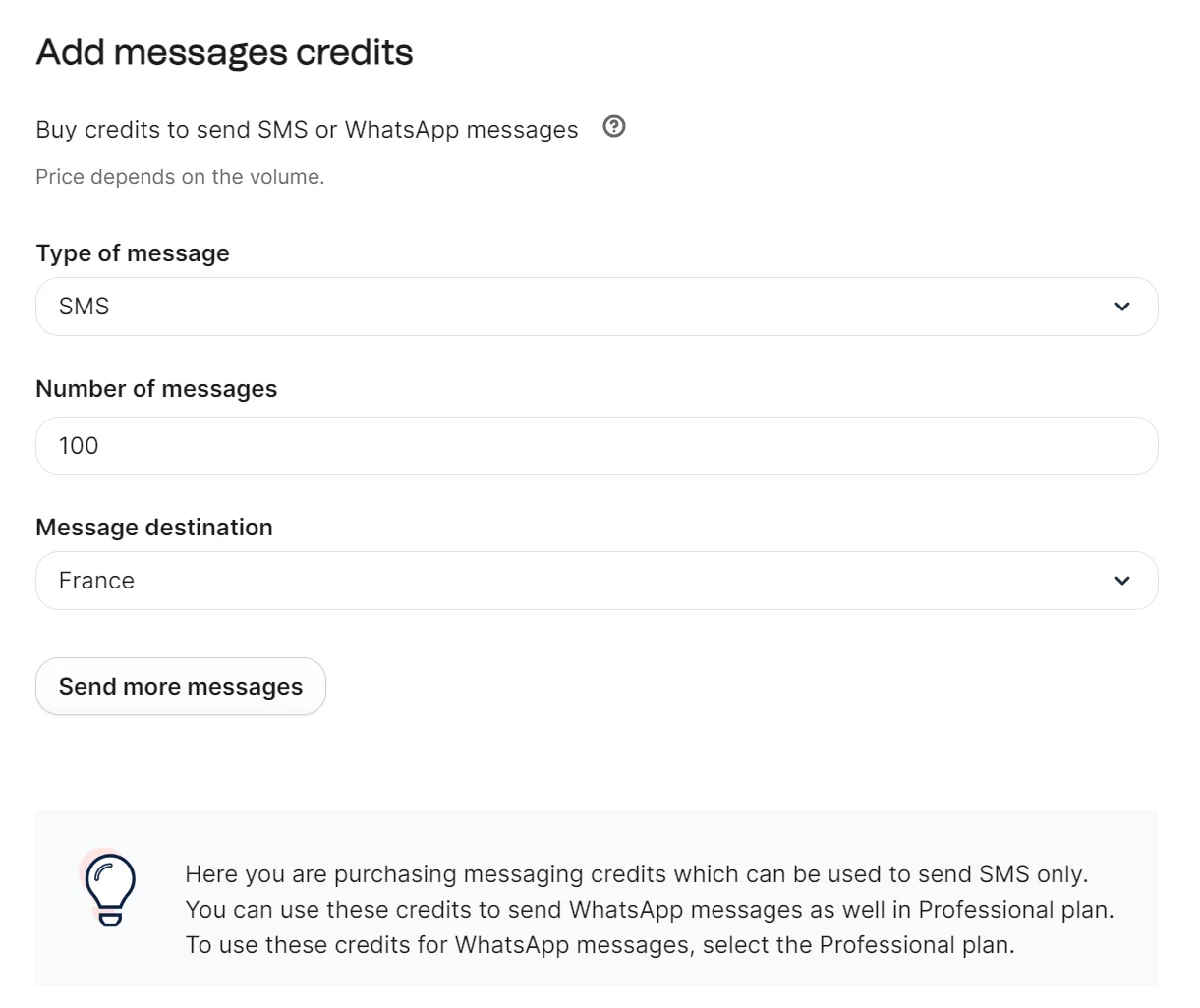 Form for buying SMS or WhatsApp message credits, with fields for type, number, and destination country.