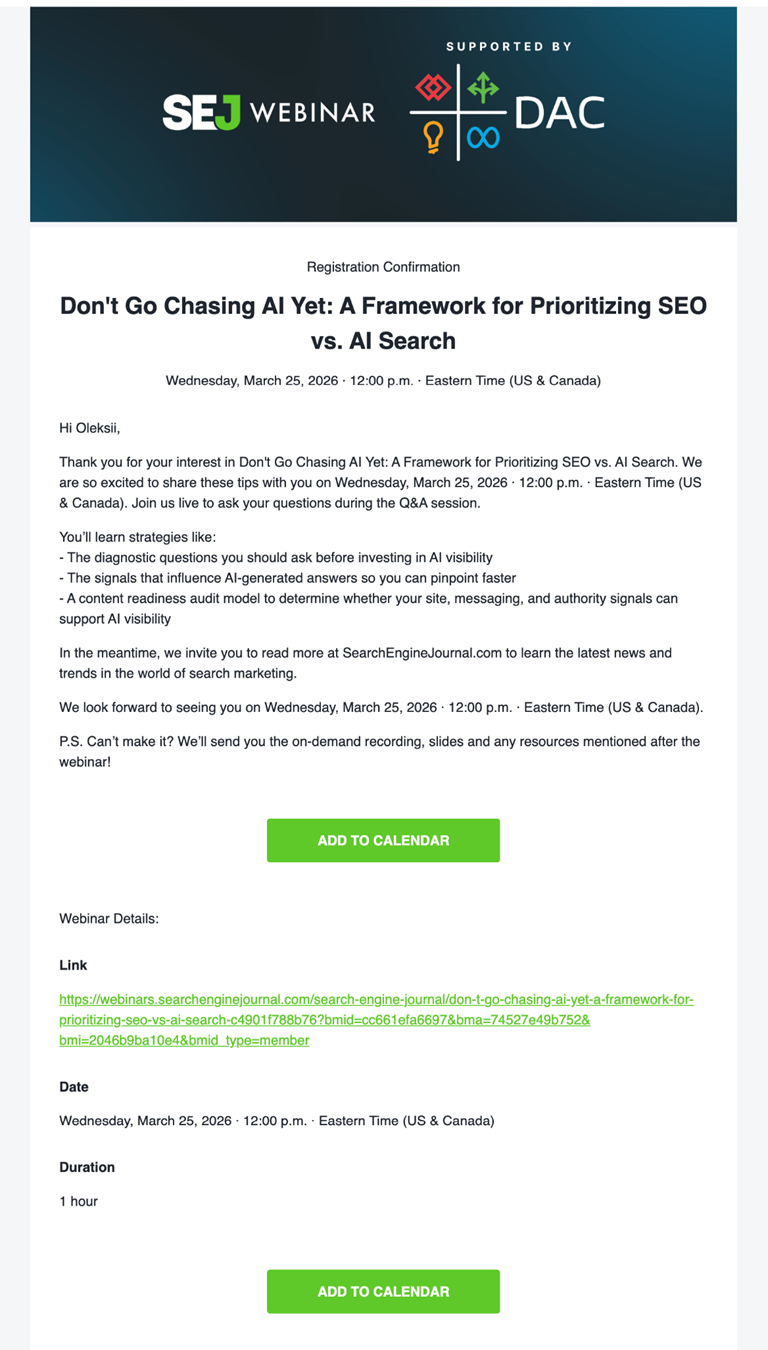 Webinar registration email for an event on prioritizing SEO versus AI search, scheduled for March 25, 2025.