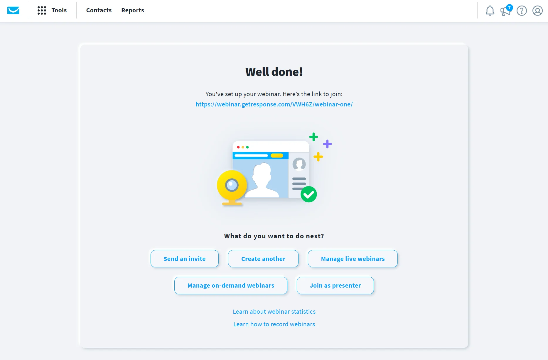 Webinar setup complete with options to send invite, create another, manage, or join as presenter displayed on screen.