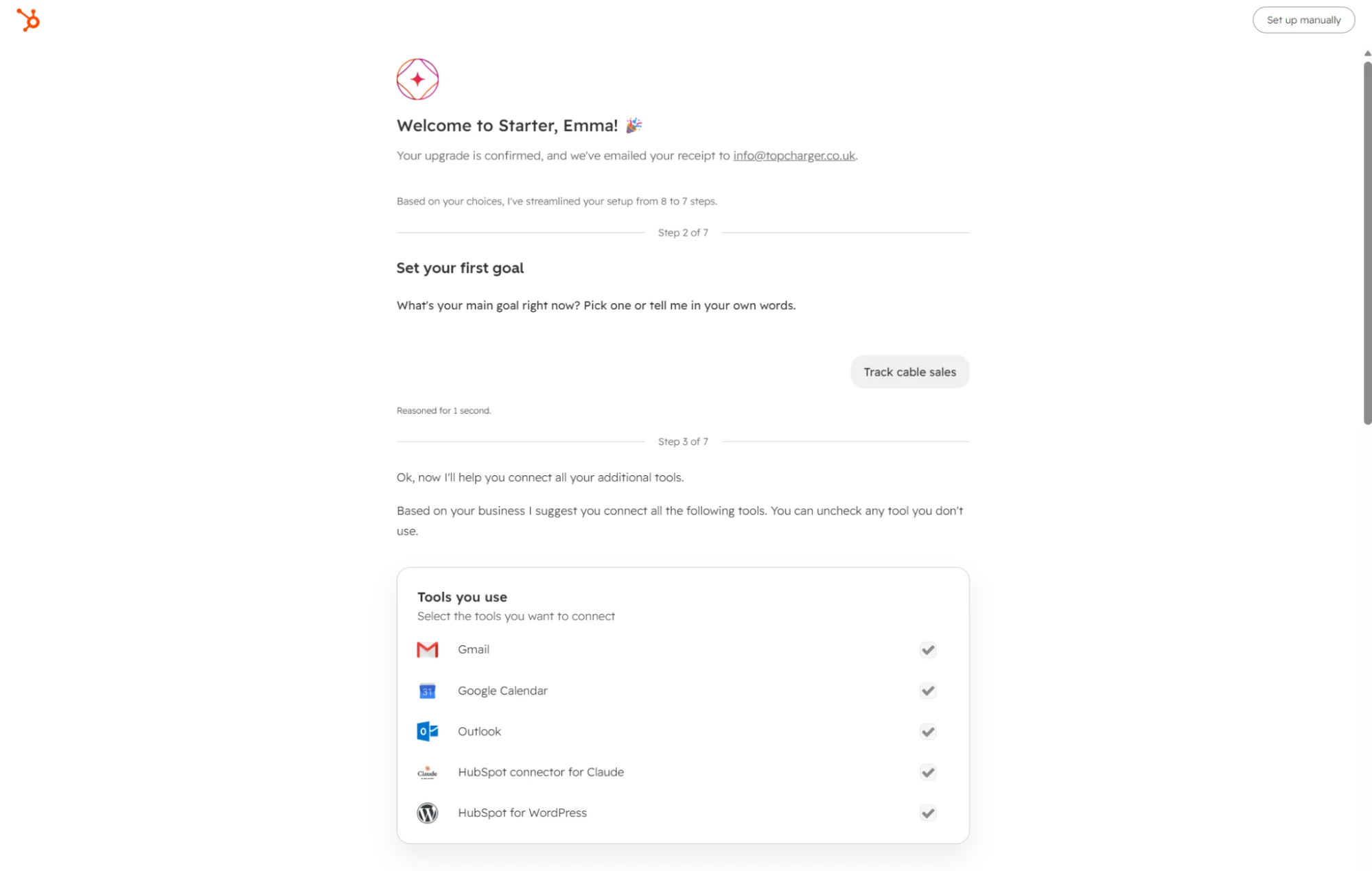 HubSpot onboarding screen showing goal setting and selected integration tools including Gmail and Google Calendar.