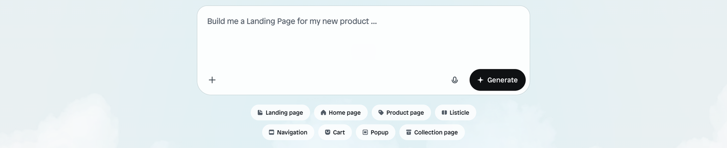 A text box with the prompt Build me a Landing Page for my new product... and various page type buttons below.